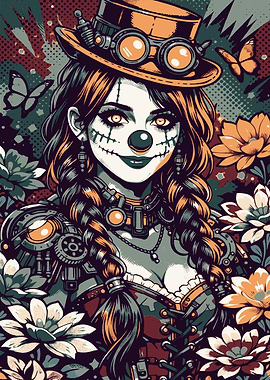 Steampunk Clown Woman with Flowers