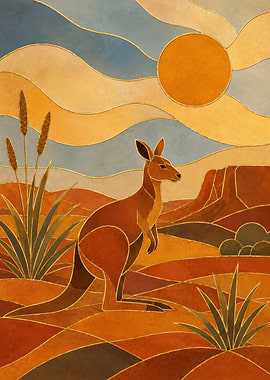 Kangaroo in a Stylized Desert Landscape