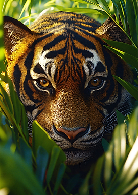 Tiger peeking through lush green foliage