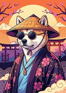 Shiba Inu in Kimono with Japanese Scenery