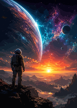 Astronaut overlooking alien landscape at sunset