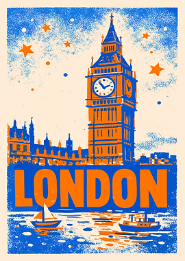 Vintage London Travel Poster Big Ben Illustration Retro City Wall Art