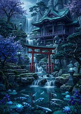 Serene Japanese Garden with Waterfall and Koi Pond