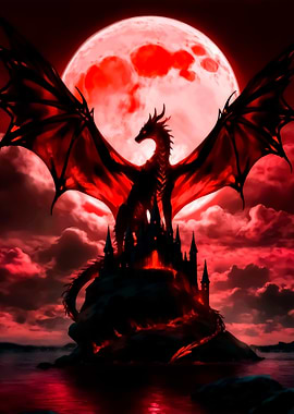 Dragon on Castle Under Red Moon