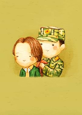Soldier braiding woman's hair