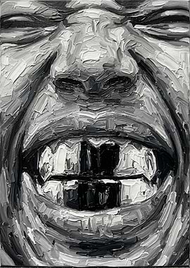 Close-up of a Grinning Face in Oil Paint