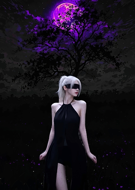 Woman in Black Dress Under Purple Moon