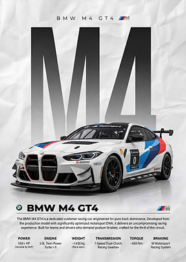 A dynamic BMW M4 GT4 Racing Car Poster