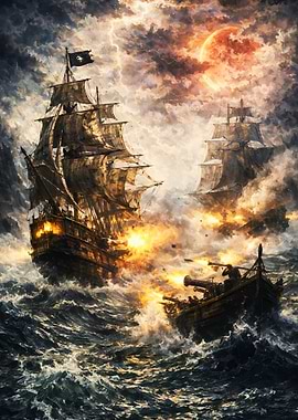 Pirate Ships in a Stormy Sea Battle