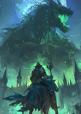 Knight faces a monstrous dragon