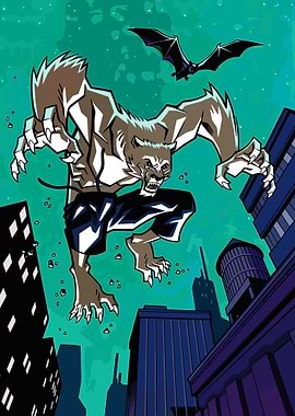 Werewolf Leaping Over City Buildings