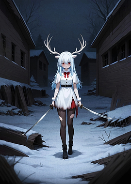 Anime Deer Girl with Swords in Snow
