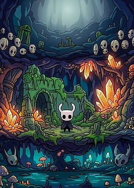 Hollow Knight in a Crystal Cave
