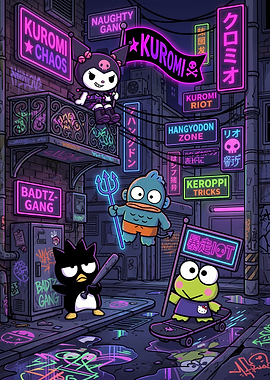Sanrio Characters in a Neon Cityscape
