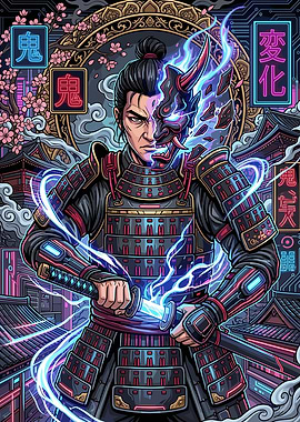 Cyberpunk Samurai with Oni Mask