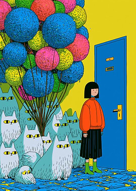 Girl with Cats and Colorful Spheres