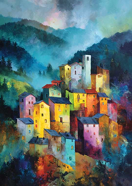 Colorful Village on a Misty Mountain