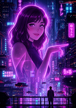 Cyberpunk City with Holographic Woman