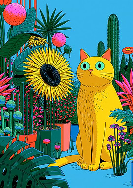 Yellow Cat in a Lush Garden