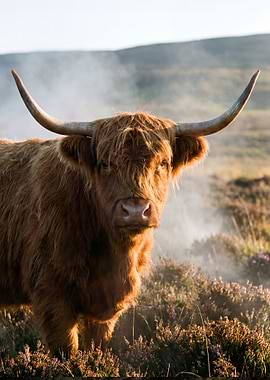 Highland Cow in Misty Landscape