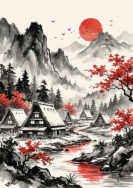 Japanese Village with Red Sun