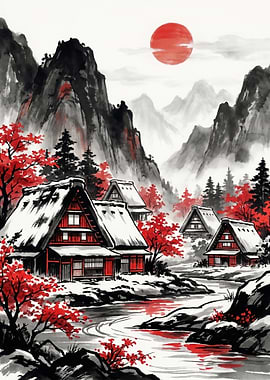 Japanese Village with Red Sun