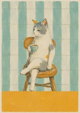 Cat drinking coffee on a chair
