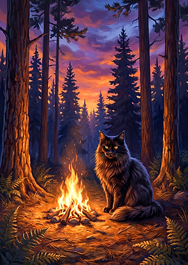 Black Cat by Campfire in Twilight Pine Forest