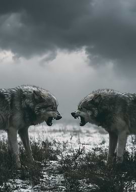 Two wolves snarling at each other