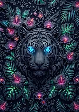 Tiger surrounded by tropical flowers
