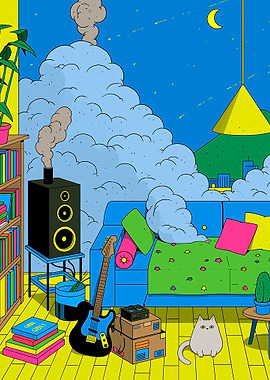 Cozy Room with Musical Instruments and Cat