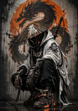 Cyberpunk Samurai with Dragon Background