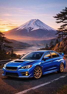Blue Subaru WRX with Mount Fuji Background