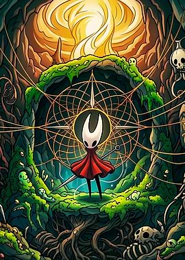 Hornet from Hollow Knight in a mystical forest