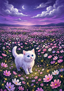 Kitten in a magical flower field at night