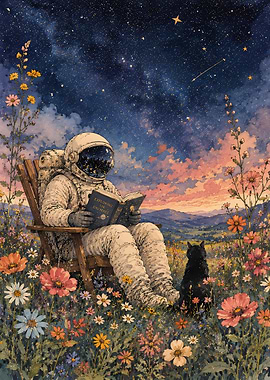 Astronaut Reading in a Field of Flowers