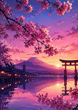 Serene Japanese Landscape at Sunset