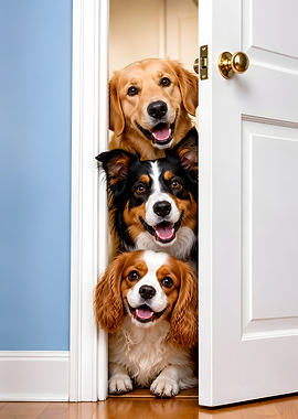 Three Dogs Peeking Through Doorway