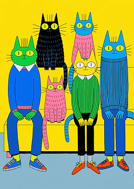 Group of anthropomorphic cats in colorful outfits