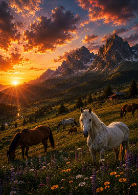 Horses in a mountain meadow at sunset