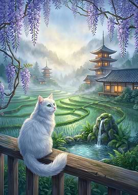 White Cat Overlooking Japanese Rice Terraces Under Wisteria