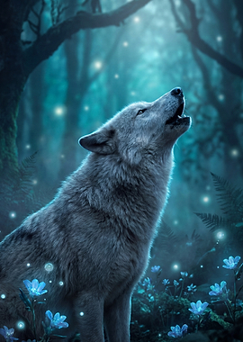Wolf howling in a magical forest