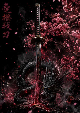 Dragon and Katana with Cherry Blossoms