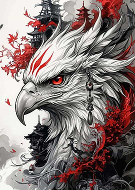 Majestic Eagle with Japanese Temple Background