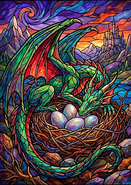 Dragon Nesting with Eggs in Stained Glass Style