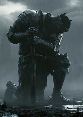 Knight Kneeling in Rain