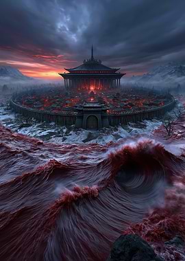 Apocalyptic Cityscape with Fiery Ocean
