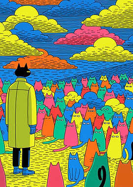 Black Cat in Yellow Coat Among Many Cats