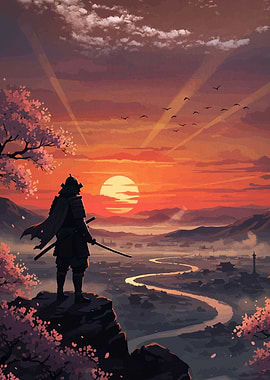 Samurai Overlooking a Valley at Sunset