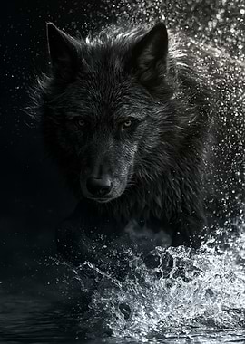 Black Wolf Emerging from Water